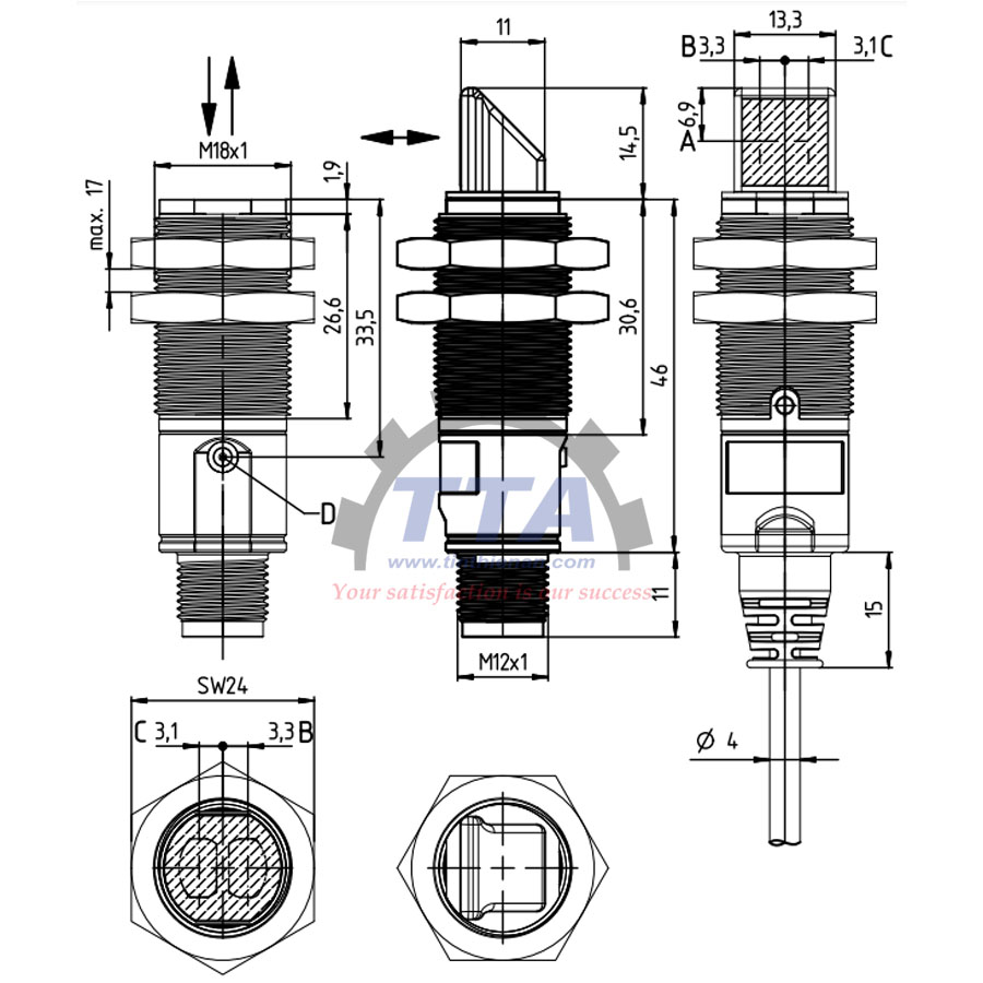 Bản vẽ kích thước Máy thu cảm biến quang LEUZE LE328/4P-M12_Tín Thiên An