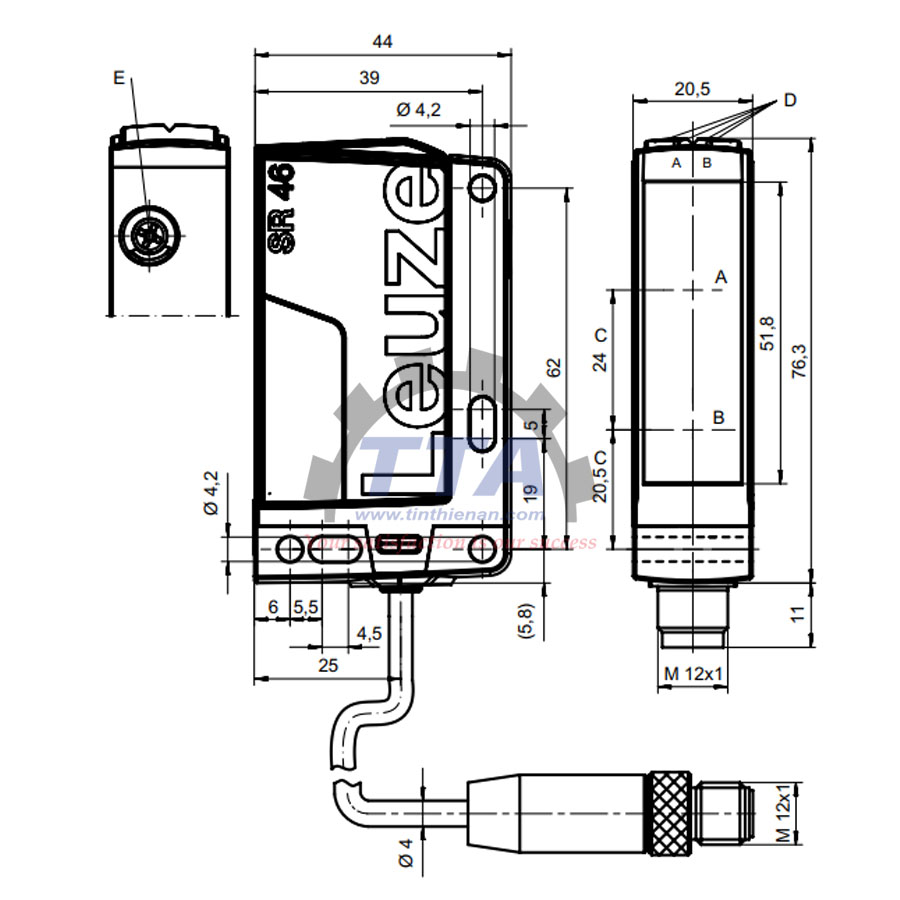 Bản vẽ kích thước Cảm biến LEUZE HT46C/4P-200-M12_Tín Thiên An