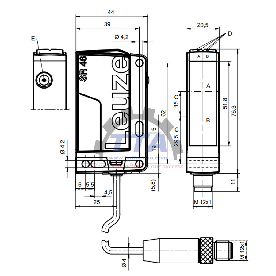 Bản vẽ kích thước Cảm biến LEUZE PRK46C.1/4P-M12_Tín Thiên An