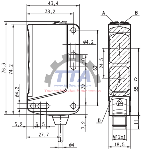 Bản vẽ kích thước Cảm biến LEUZE SLSER 46B/66-S12 _Tín Thiên An