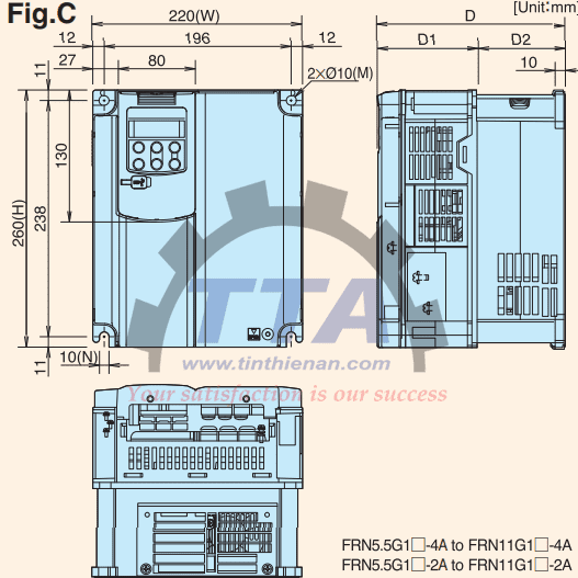 Bản vẽ kích thước biến tần Fuji FRN5.5G1S-4A_Tín Thiên An