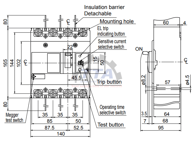 Bản vẽ kích thước ELCB EW160JAG 4P_Tín Thiên An