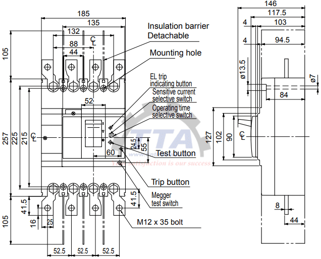 Bản vẽ kích thước ELCB EW400RAG 4P_Tín Thiên An