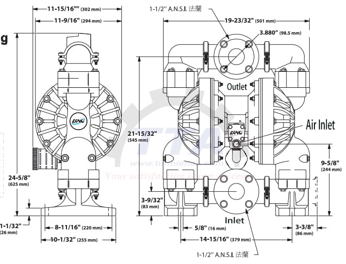 Bản vẽ kích thước bơm màng DINO DA40-PPPPSPSP_Tín Thiên An