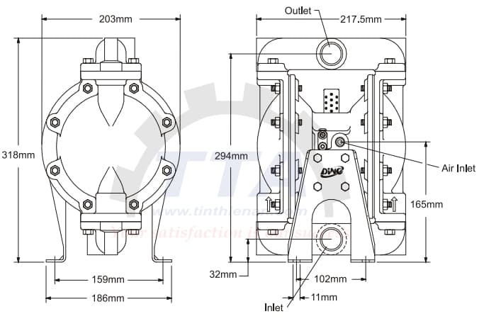 Bản vẽ kích thước bơm màng DINO DA25-SSSSSSTF_Tín Thiên An