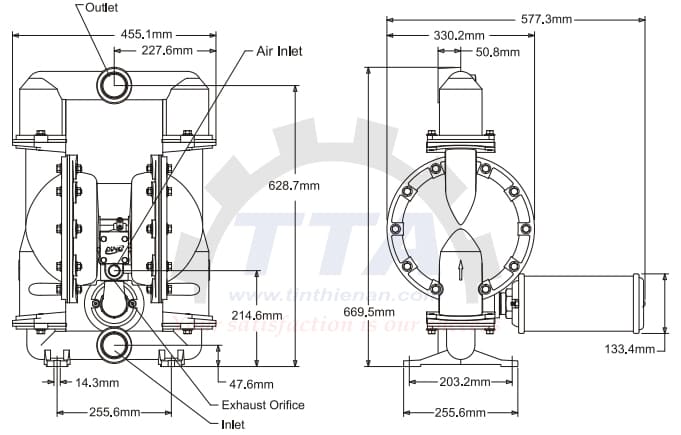 Bản vẽ kích thước của bơm màng DINO DA50-SSSSSPSP_Tín Thiên An