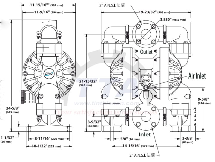 Bản vẽ kích thước bơm màng DINO DA50-PPPPSPSP_Tín Thiên An